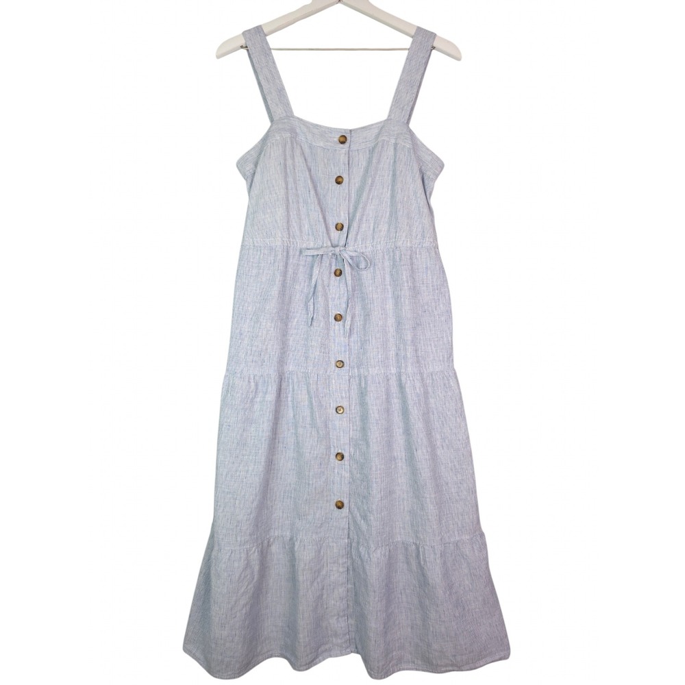 Margaret O'Leary Midi Dress Women Small Blue Railroad Stripe Cotton Linen Tiered